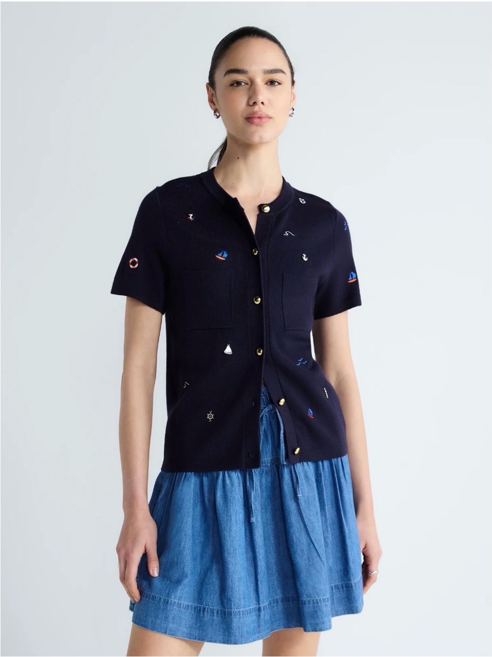 New Free Assembly Women's Embroidered Cardigan Sweater with Short Sleeves